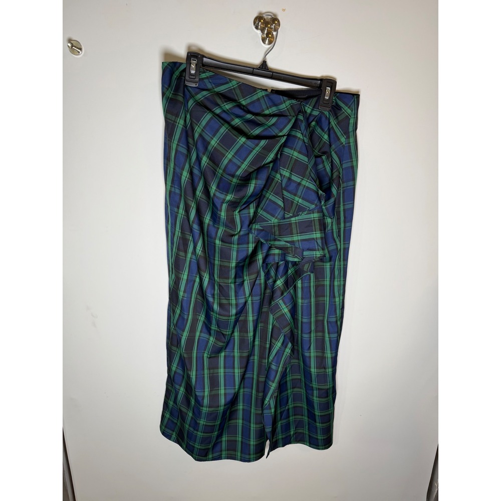 J.Crew Collection Black Watch Plaid Draped Ruffle Midi Skirt Green Navy 12